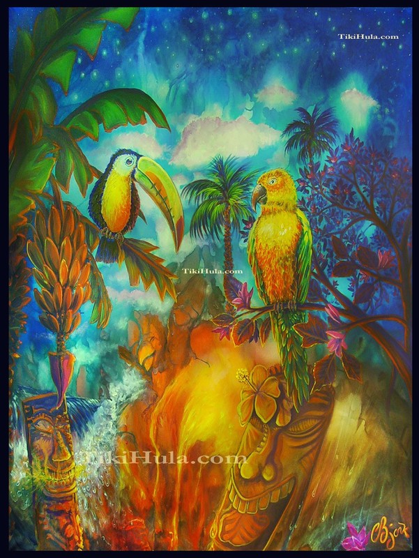 CBjork 12 x 16″ Luster Print Hawaiian Beach Surf Lava Flow Tiki Garden Birds