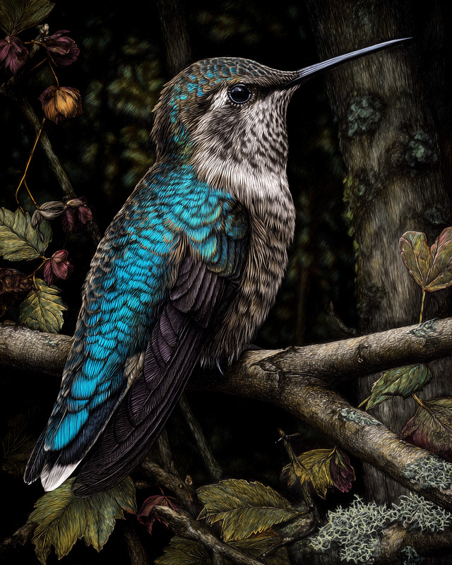 8×10 Hummingbird perched on a branch – shadowed woodland – 178646302