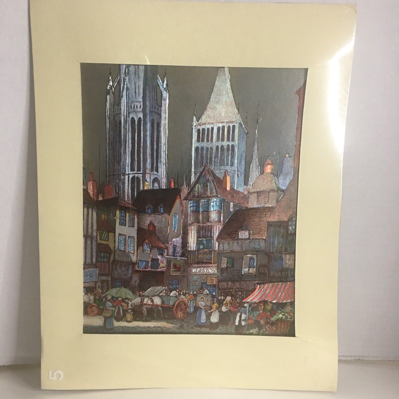 VTG Metallic Silver Etched Foil Art Print The Old Market Street Scene England gallery