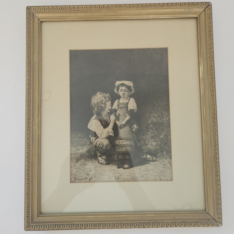 Antique Framed 1878 Leon Bonnat Etching entitled Don’t Cry Matted