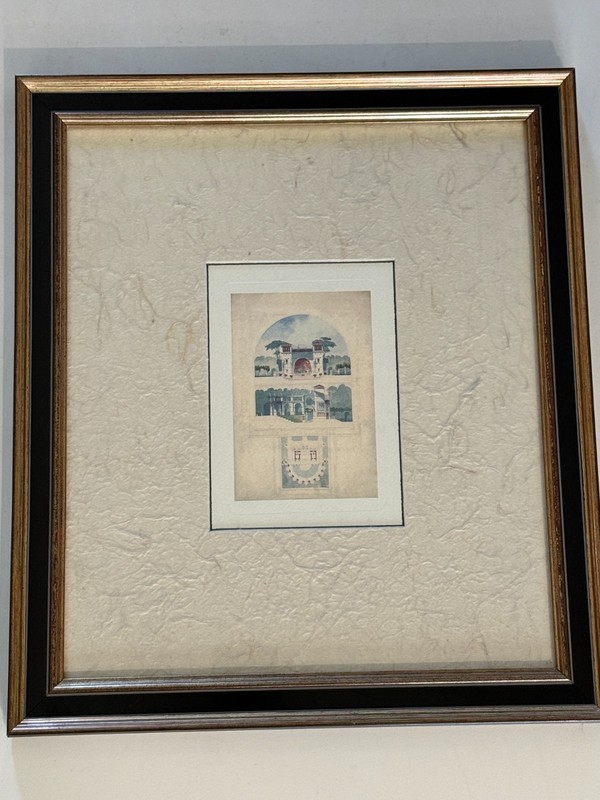 Framed French Architectural Etching Print Garden Pavilion Elevation & Floor Plan