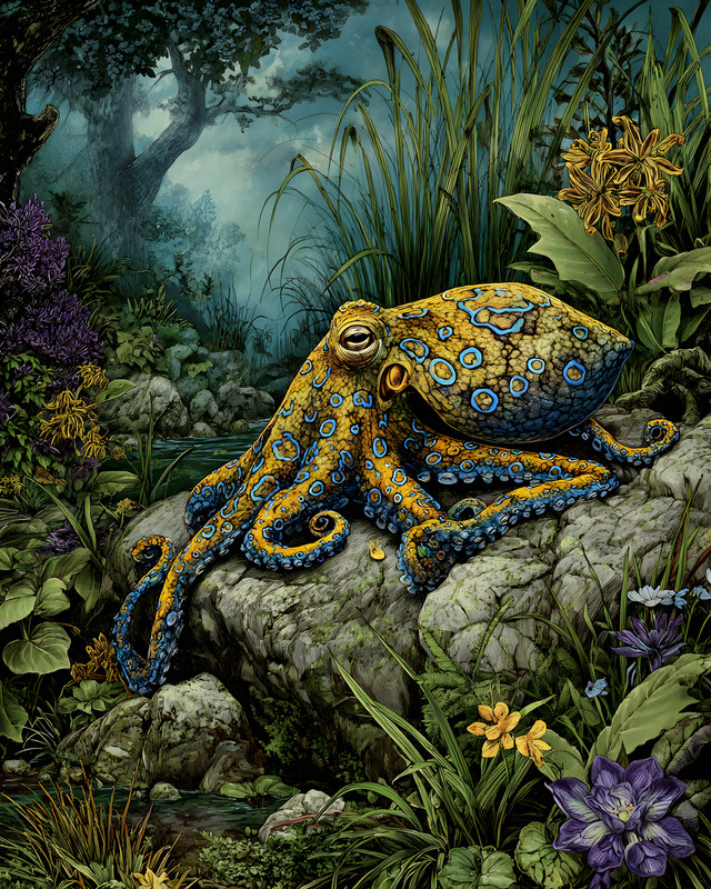 8×10 Blue Octopus Forest Pool Art Print – 179821270