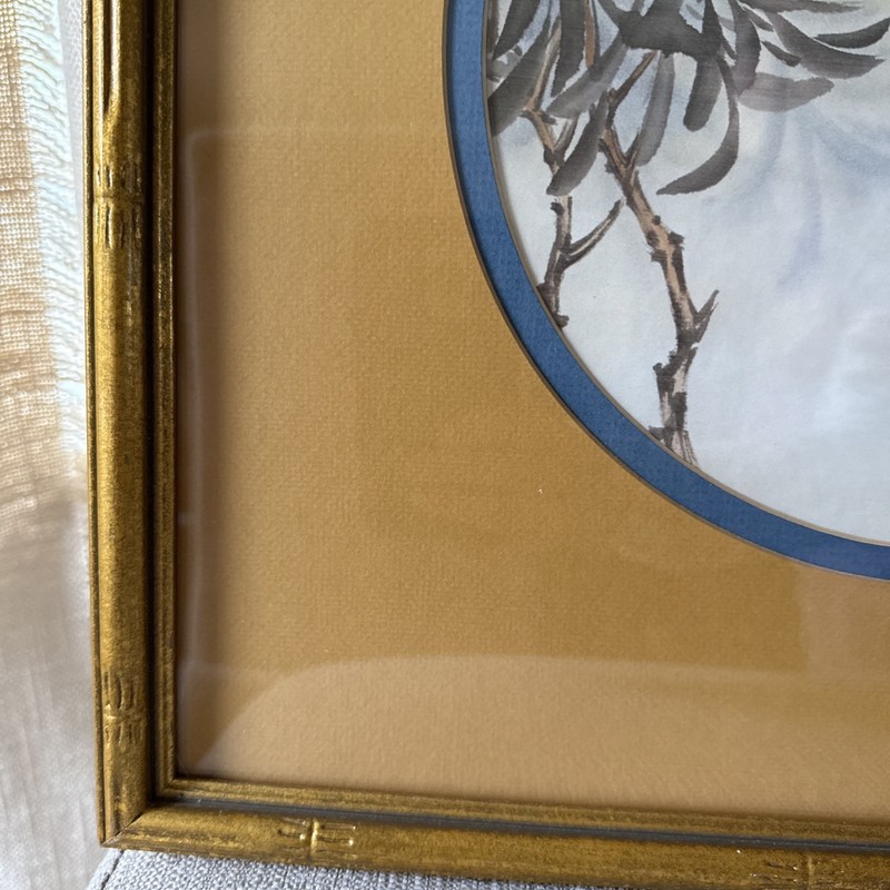 Asian Print Artwork Two Birds In Persimmon Tree faux Bamboo style gold Frame 17” gallery