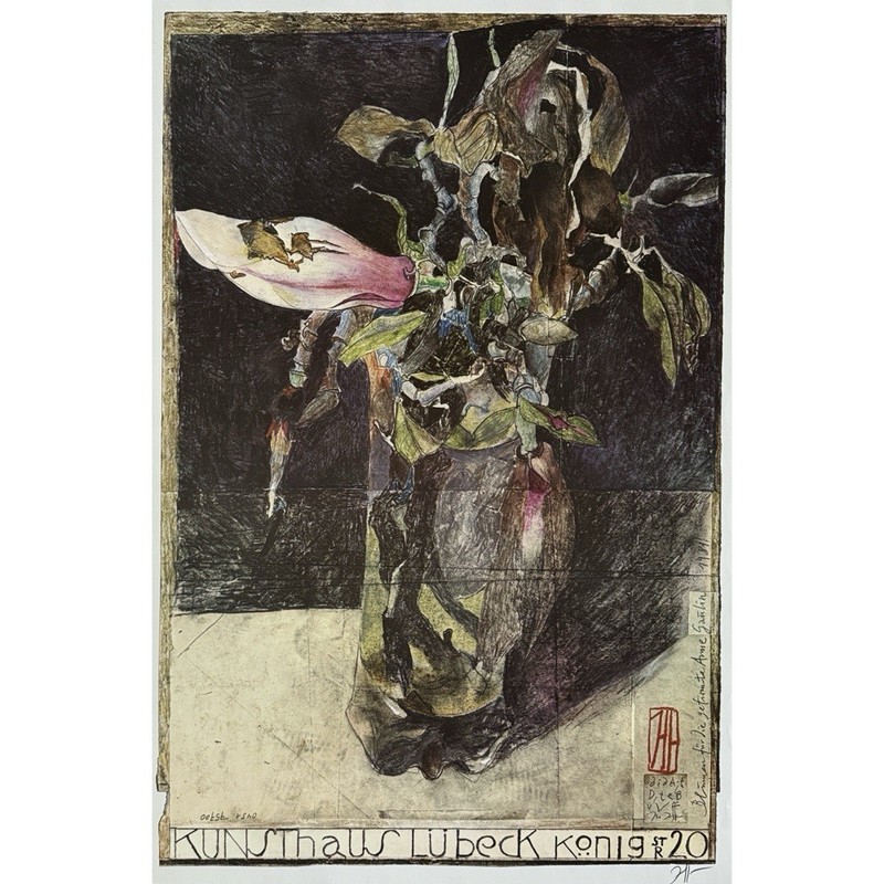 Horst Janssen – Neo-Expressionist Still Life Magnolia Lübeck Lithograph, Signed