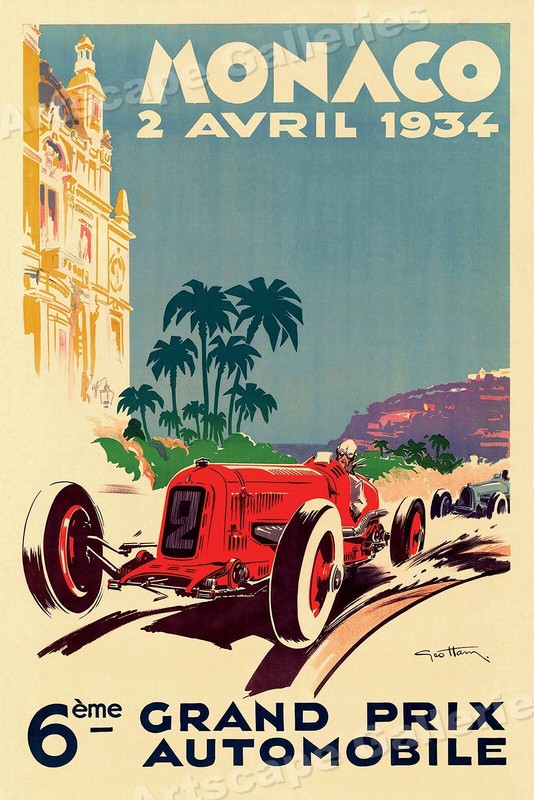 1934 Monaco French Riviera Vintage Style Racing Race Car Poster – 16×24