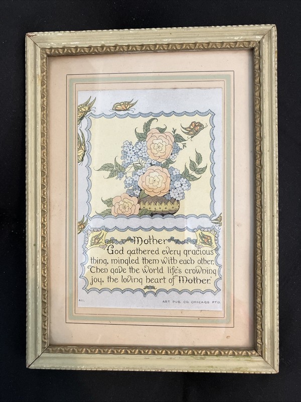 Motto MOTHER original frame Art Deco Pastel Butterflies, Flowers 1920s 5.5x7.5”