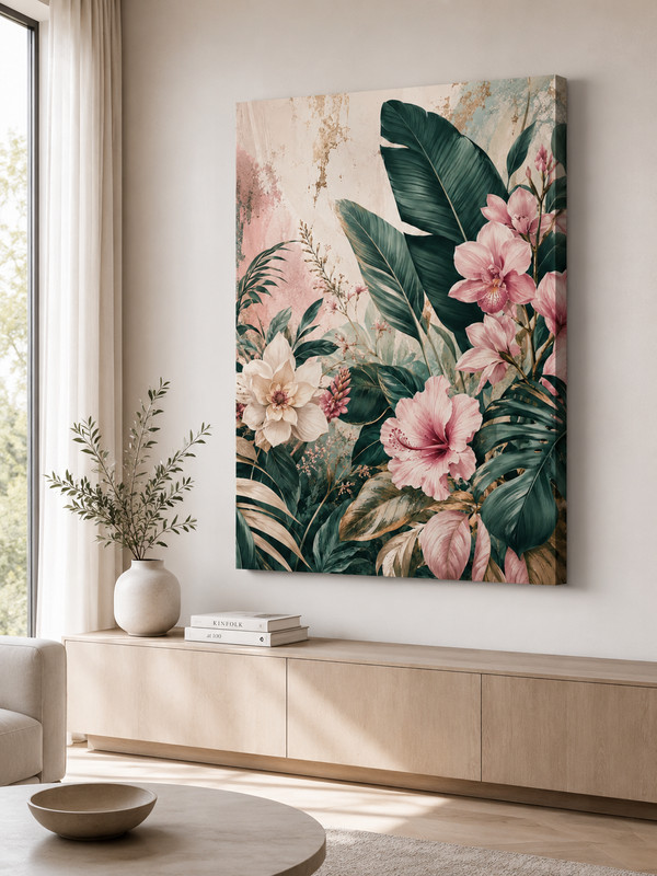 Tropical Botanical Canvas Wall Art Pink Flower Palm Leaves Poster Decor 1PC gallery