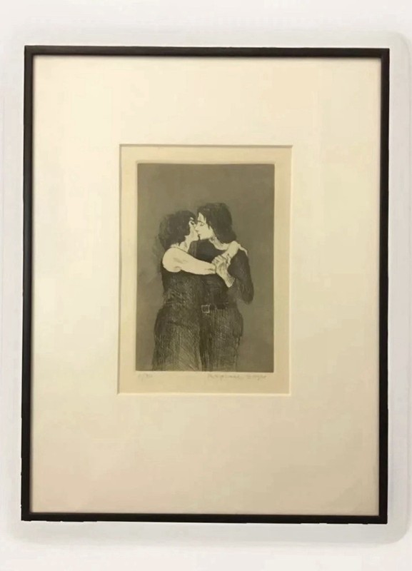 Signed Original 1930 Raphael Soyer Drawing "Kiss" (Framed, Matted) gallery