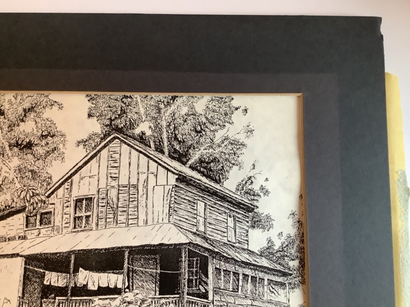 Original Barnyard Landscape Pen and Ink Farmhouse Primitive Cabin Rustic Art gallery