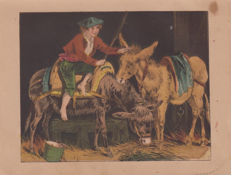 BOY IN STABLE WITH MULES EQUINE HORSES ANIMAL ANTIQUE LITHOGRAPH 1865