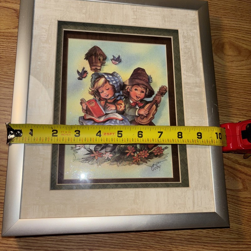 Vintage 3D Paper Tole Shadow Box Picture Hummel Style Silver Framed Print 12x10” gallery