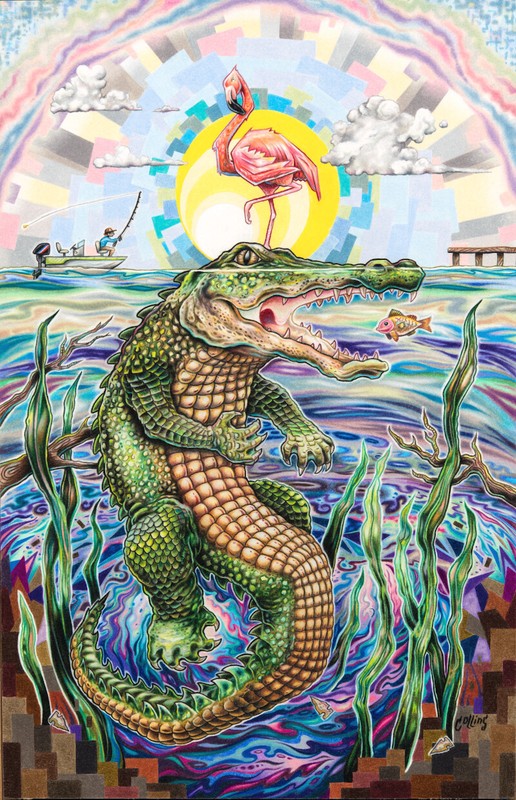 Florida Alligator Flamingo Fine Art Wall Print Gators painting drawing poster