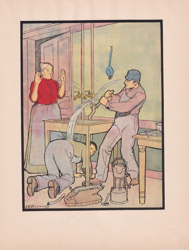 Antique Lithograph Plumbers Fixing Leaky Pipe Plumbing Art Print 1901