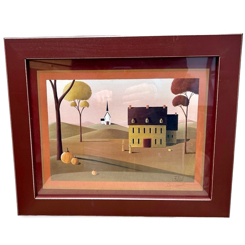 JD Logan Signed Folk Art Print – Framed New England Landscape