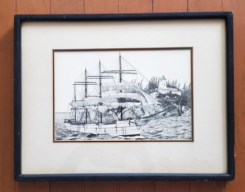 VINTAGE ETCHING SHIP LITHO PRINT SAILING LIGHTHOUSE SIGNED FRAMED