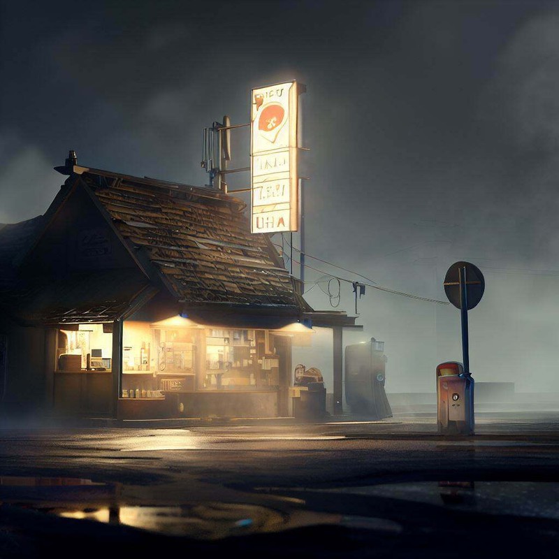 Gas Station at Night Digital Painting I Art Print – 12 x 18 inches