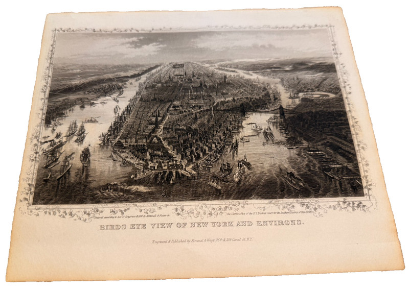 RARE Birds eye view of New York Environs Vintage Print Kimmel & Voigt 1877