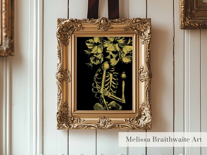 Girly Halloween wall decor: painting of a pretty skeleton wearing a flower crown