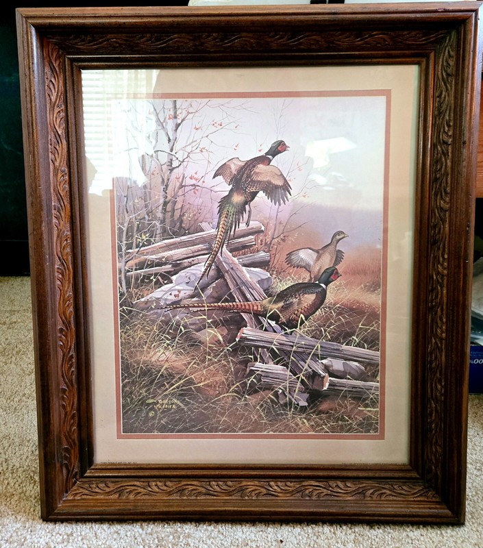 Vintage 1982 Gregory Messier "Pheasants in Flight" Carved Wood Frame 20x17"