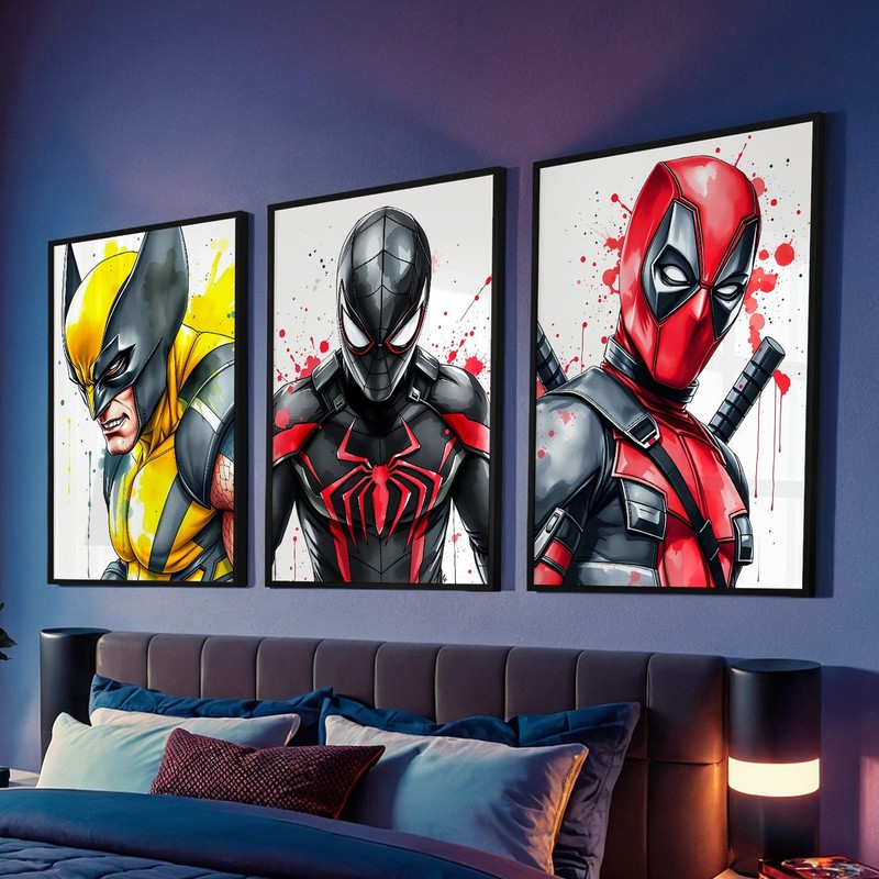 Marvel Avengers Bedroom Prints Black Superhero Wall Art Gamer Gift Spiderman Set