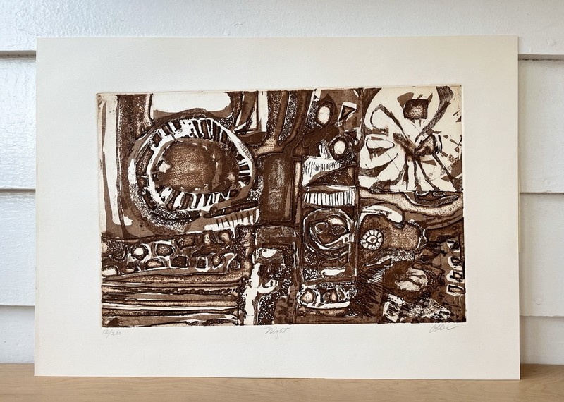 Vintage Abstract Etching Brown Ink 1971 By Geri Obler «Night» Signed & Numbered