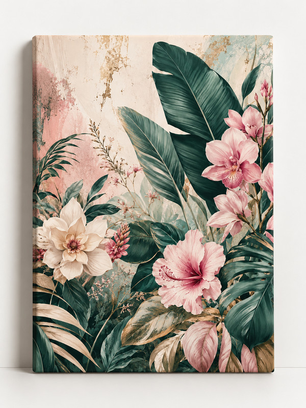 Tropical Botanical Canvas Wall Art Pink Flower Palm Leaves Poster Decor 1PC gallery