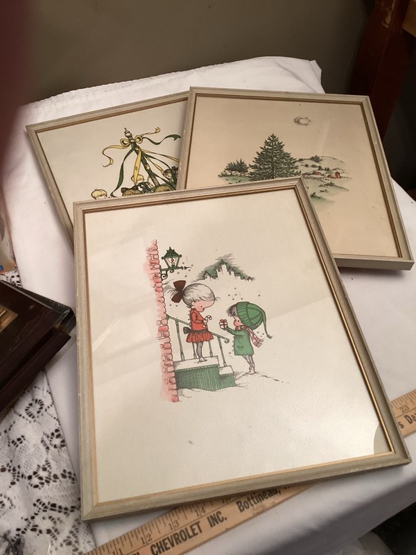 set of 3 framed prints of cartoon children under pinetree vintage May Pole, Gift