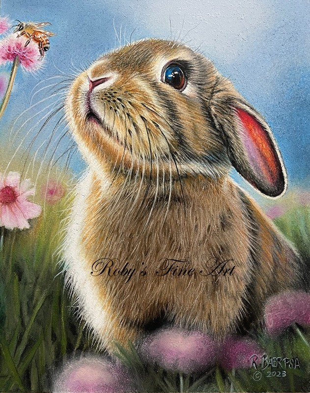 Rabbit Art Print Bee And Bunny «Honey Bunny» 5×7 Giclee by Artist Roby Baer PSA