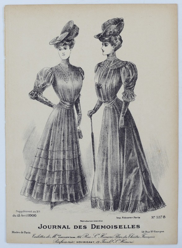 1906 Journal des Demoiselles Fashion Plate Walking Dress Cane Purse Feather Hat gallery