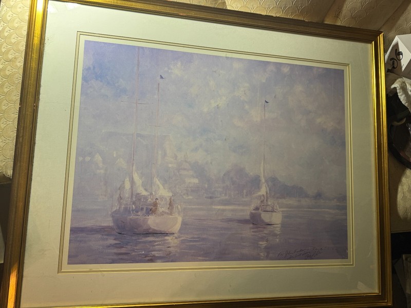 Huge Ray George Ellis (1921 – 2013) «Sailboats Scene» Lithograph – Signed/Framed