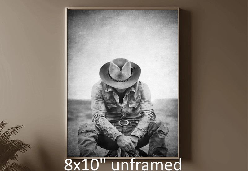 cowboy head down black and white Vintage Western Nostalgia Art Print 8×10″