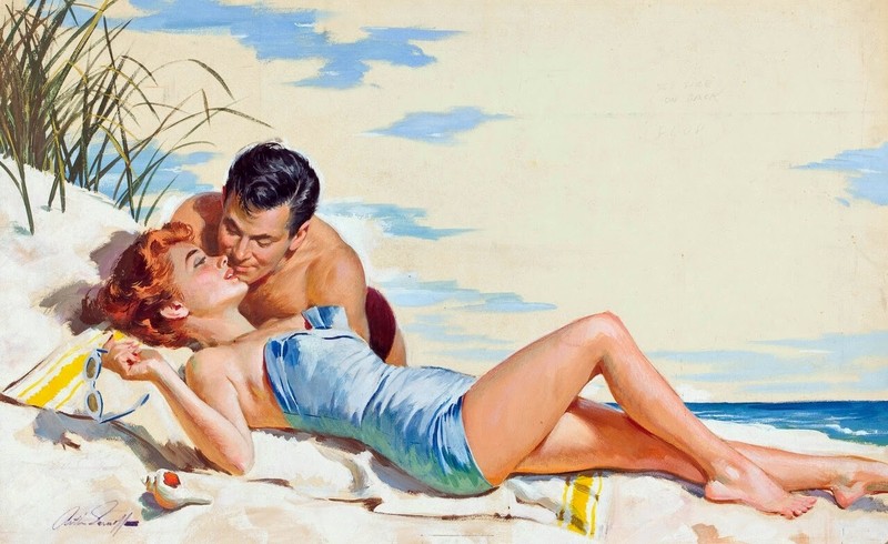 Arthur Sarnoff – Triple Threat, Romance on the Beach 1950s Signed -17″x22″ Print