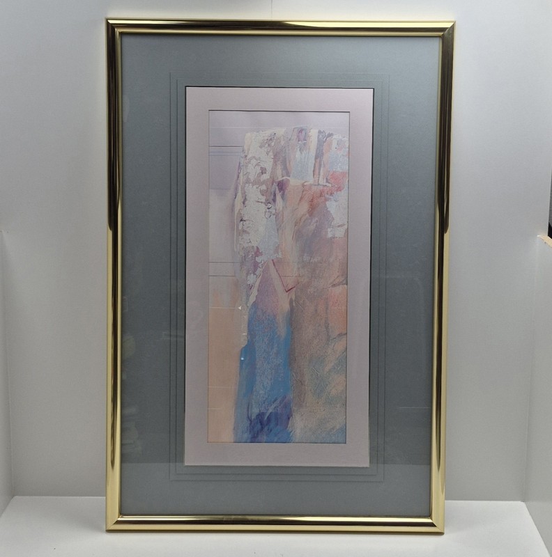 Vtg Abstract Art Print Titled "Bluff" Framed in Large Brass Frame 42x28