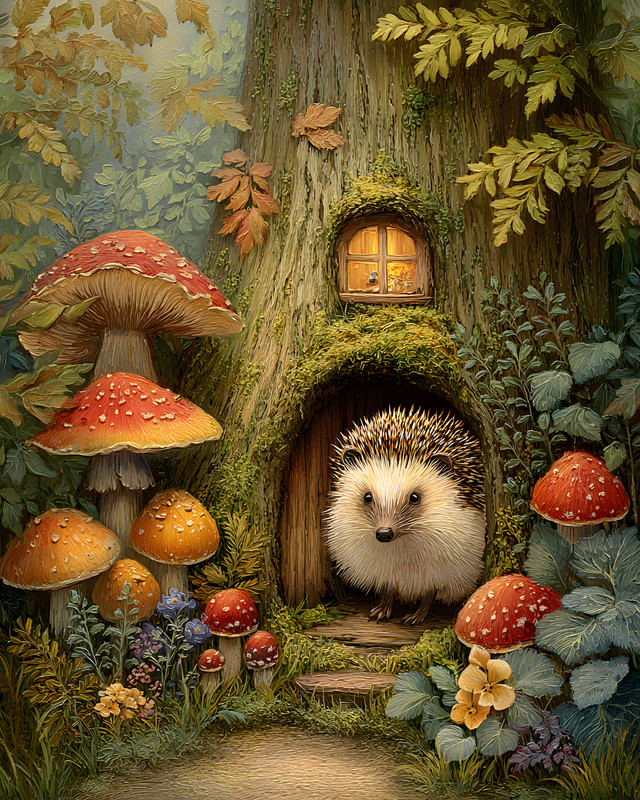 8×10 Cozy Storybook Hedge in Forest Art Print Classic Illustration – 450596424