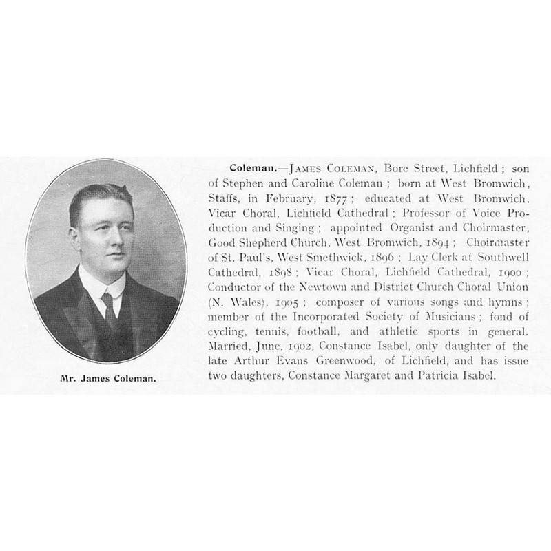 James Coleman of Bore Street, Lichfield Staffordshire - Antique Print 1907