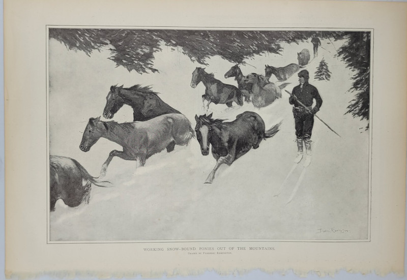 Frederic Remington 1900 vintage print Snow-Bound Ponies out of the Mountains