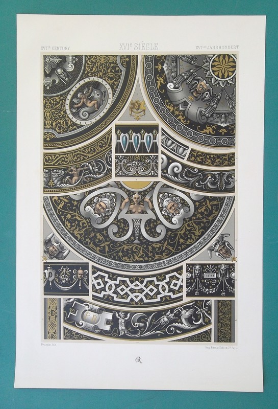 LIMOGES ENAMELS 16th C Grissailes Dishes Decorations – 1878 Racinet COLOR Print