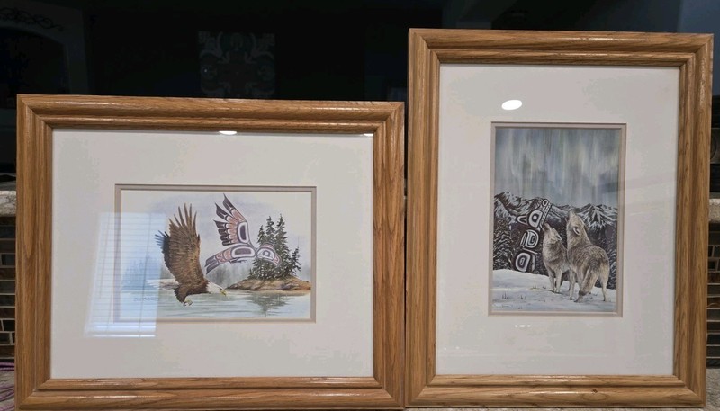 Set Of Art Prints By Artist Sue Coleman Framed And Matted Eagle And Wolves VNTG