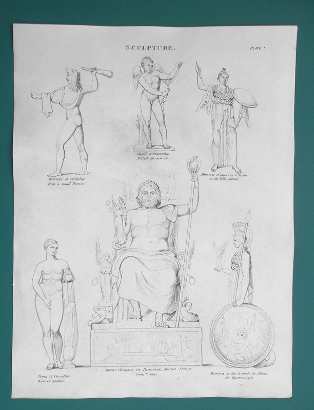 SCULPTURE ART Gods Hercules Minerva Venus Jupiter – 1822 Antique Print A. Rees