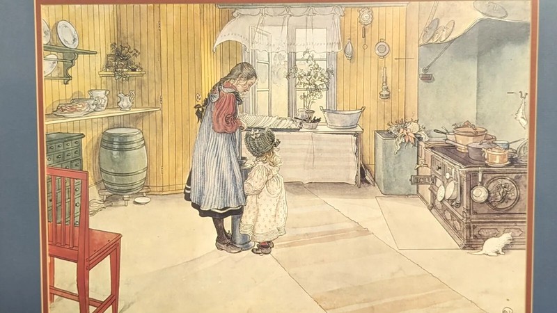 Vintage Carl Larsson The Kitchen Framed Picture Signed 70’s Girl Country Kitchen