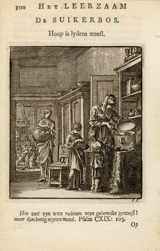 Antique Figures Print-A woman collecting sugar-De suikerbos-Luyken-1711