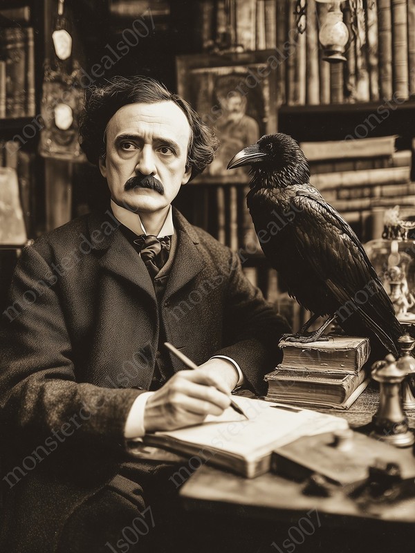 Edgar Allan Poe Art Print Gothic Writer with Raven Vintage Sepia Literary Poster