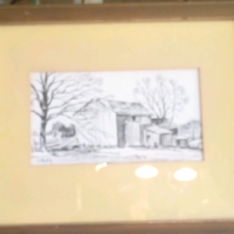 V. Wesley Signed Barn Farmhouse Landscape Print Framed Matted Single Piece