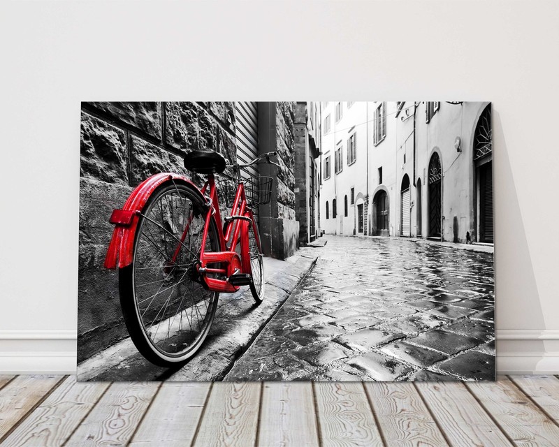 Cobbled street black and white with red bicycle canvas picture print