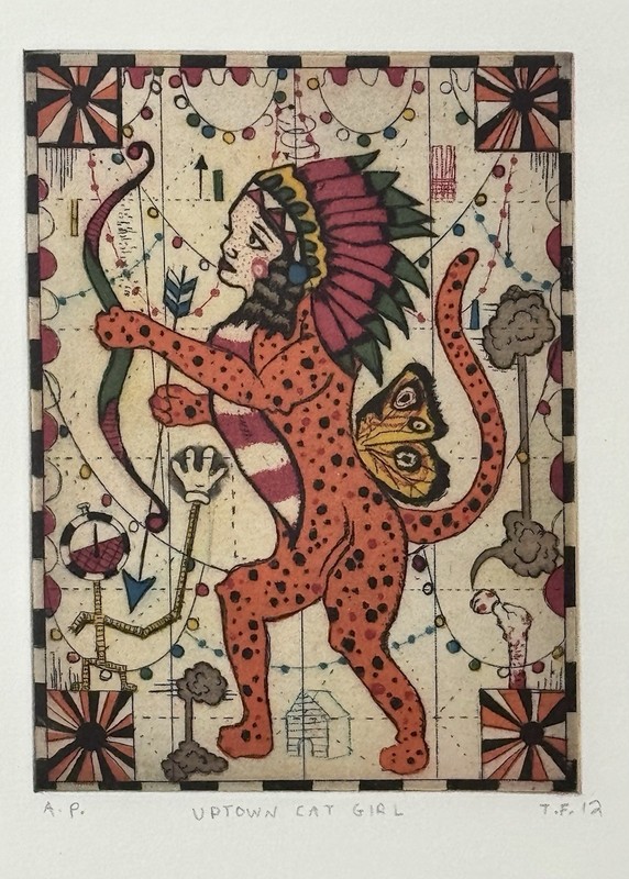 Tony Fitzpatrick Uptown Cat Girl AP 2012 Color Intaglio Etching Mint Chicago Art