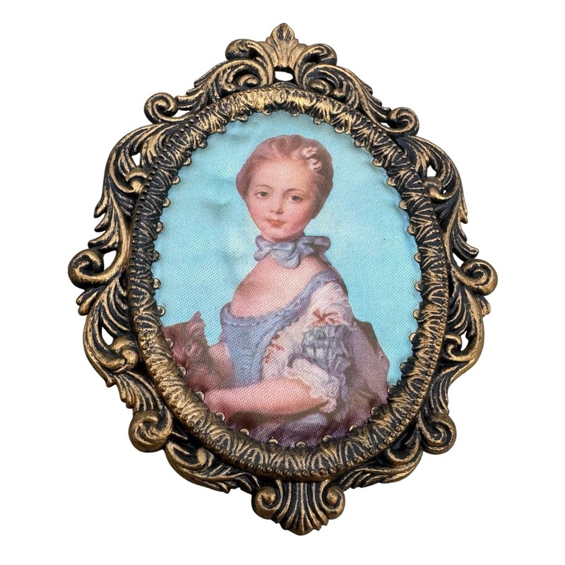 VTG Fabric Padded Plastic Framed Lady Woman W/ Cat Art Print Wall Hanging 5×6.5