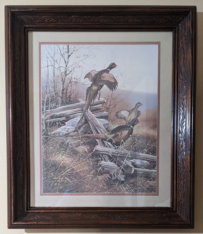 Framed Art Print Gregory Messier’s “Pheasants In Flight” Carved Wood 21x18"