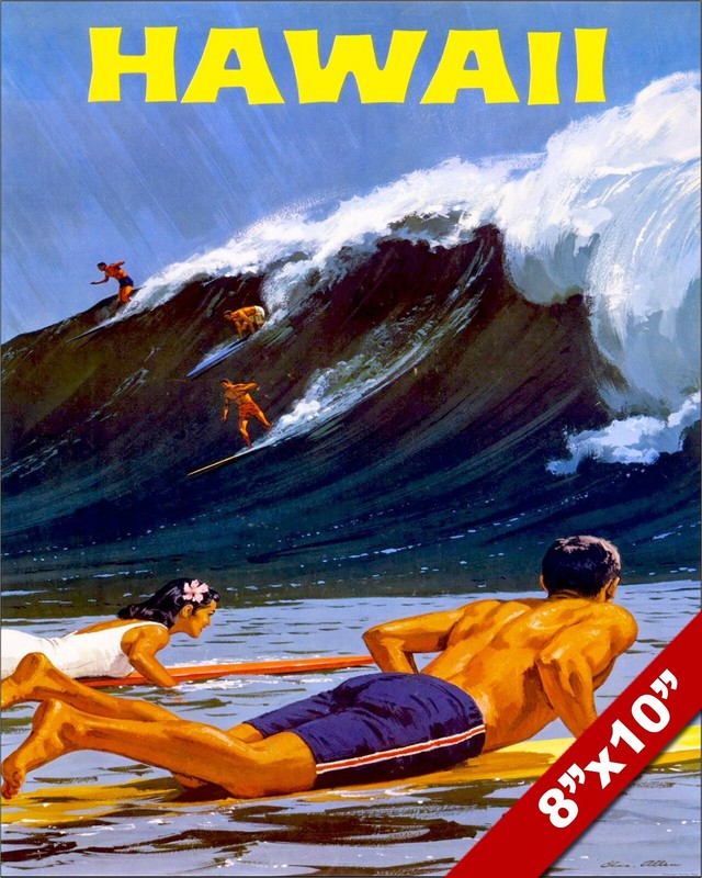 VINTAGE 1950’S HAWAII SURF SURFING TOURISM POSTER PAINTING ART REAL CANVAS PRINT