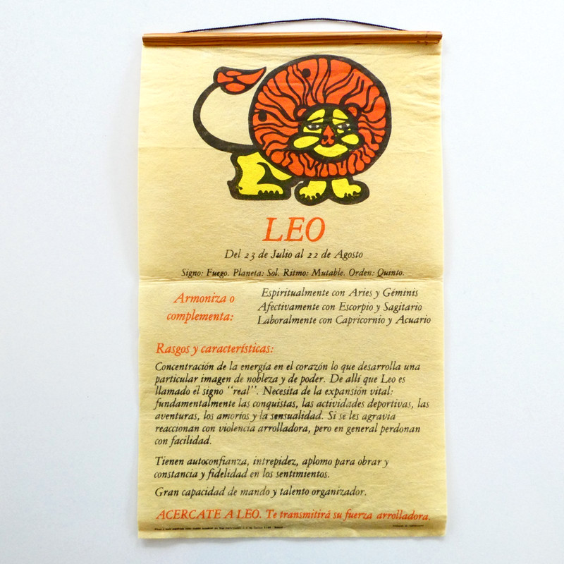 Vintage 1970s Leo The Lion Zodiac Astrology Wall Hanging 12×19 inch IN SPANISH