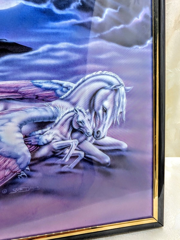 Vintage 1980s Sue Dawe Pegasus Fantasy Art Print Framed Mythical Horse Moon 80s gallery